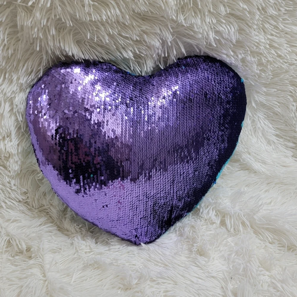 Flip Sequins Heart shaped Girl Mermaid Teal & Purple decorative pillow